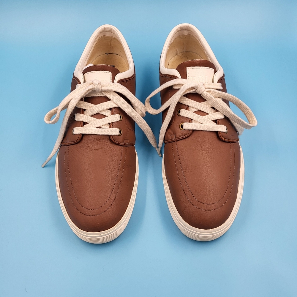 Mens Polo Ralph Lauren Tan Leather Faxon Low Top Boat Shoes Sneakers EUC sz 14 D - Picture 9 of 14